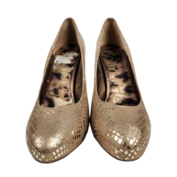 Sam Edelman Yasmine Metallic Gold Tan Snakeskin Platform Heels Women's Size 8.5 - Picture 6 of 11